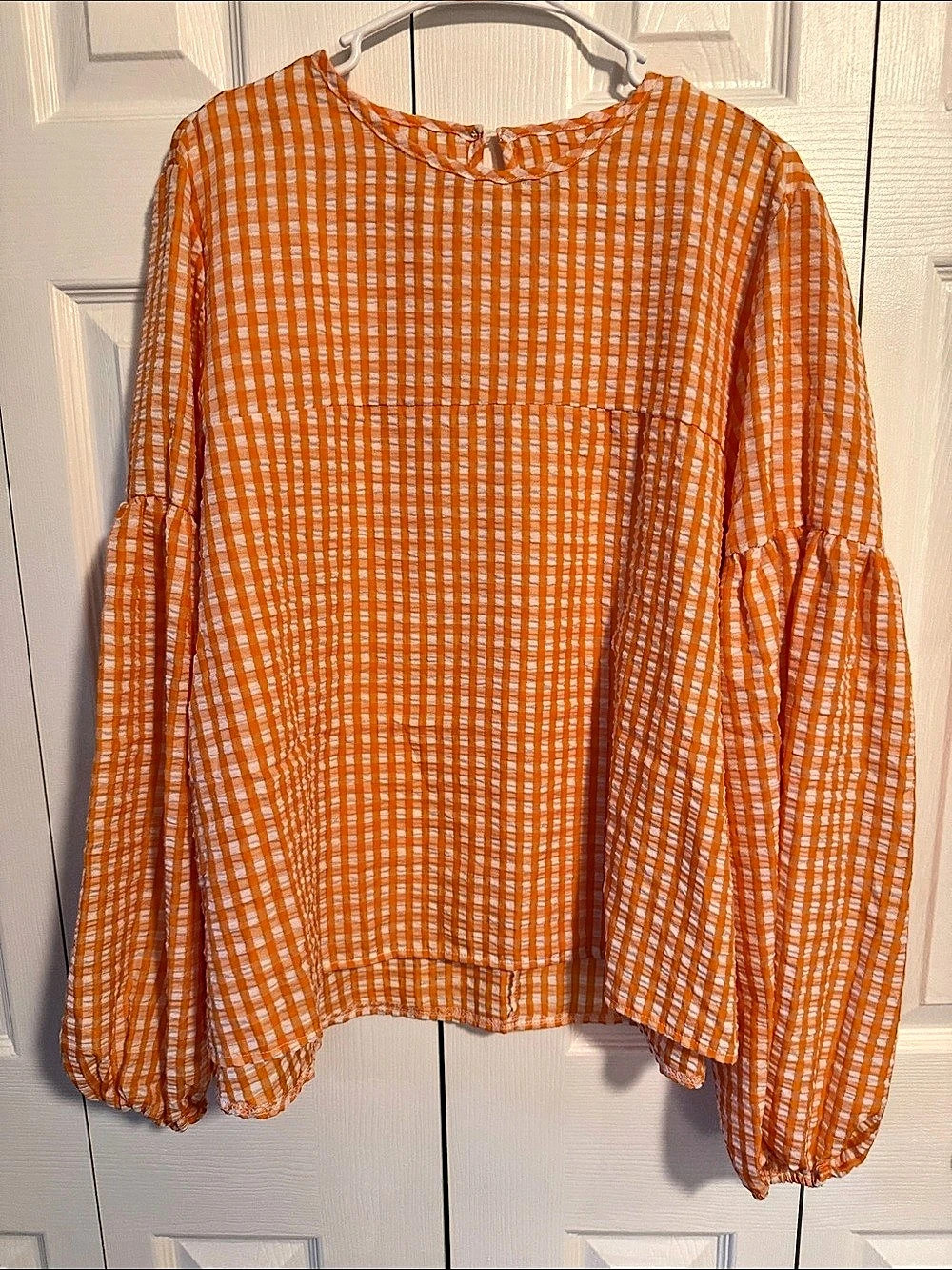 Gingham Orange Long Sleeve Blouse